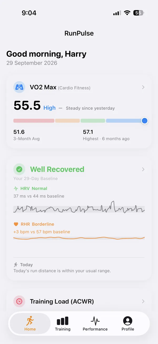 Run Signal home screen with VO2 max and recovery